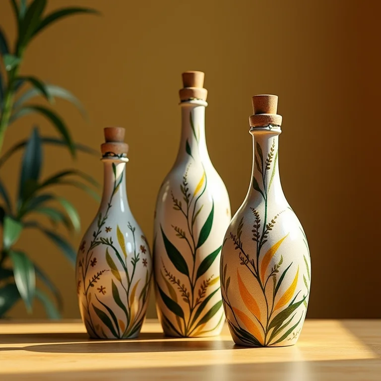 Garrafas de azeite com pintura decorativa.
