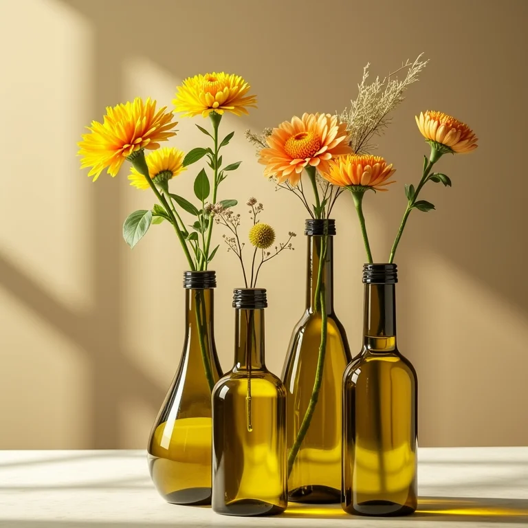 Garrafas de azeite reutilizadas como vasos de flores charmosos