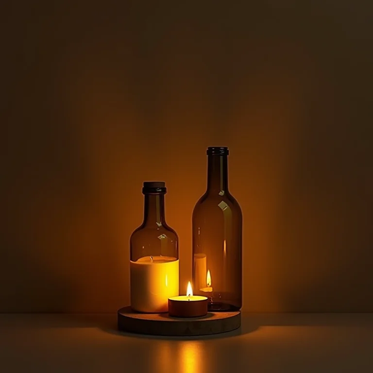 Garrafas de azeite rústicas usadas como porta-velas.