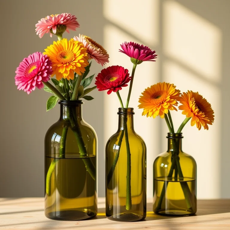 Garrafas de azeite transformadas em vasos de flores coloridas.