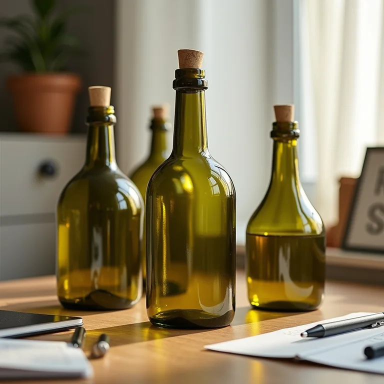 Garrafas de azeite usadas como porta-trecos em uma mesa organizada.