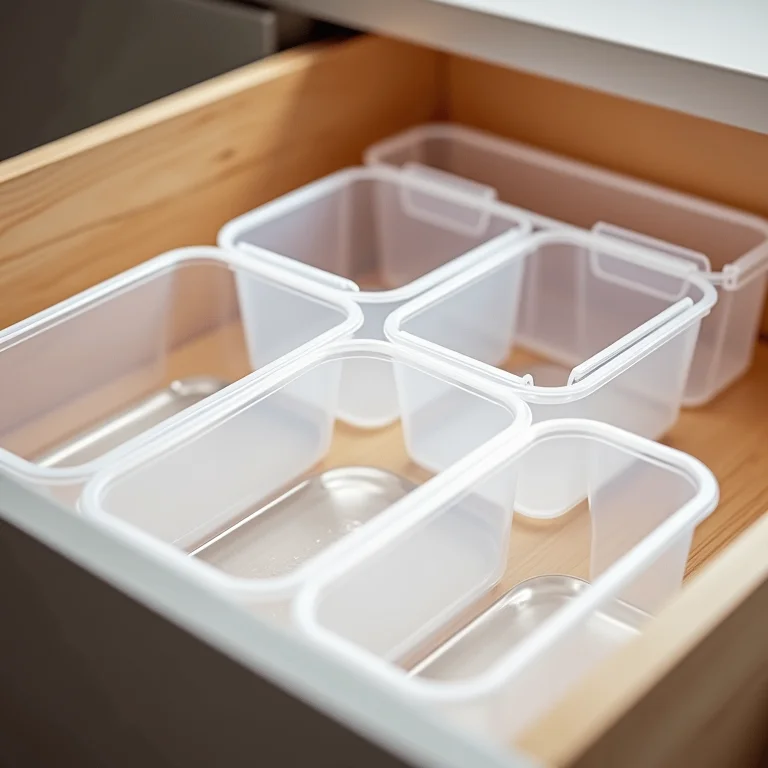 Gaveta de cozinha organizada com divisórias para potes plásticos e tampas.