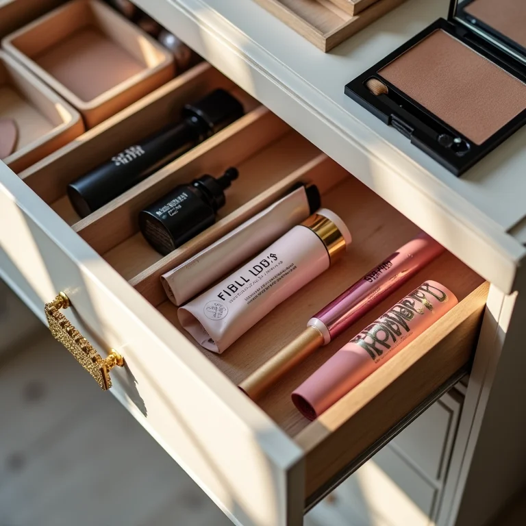 Gaveta de maquiagem organizada com divisórias