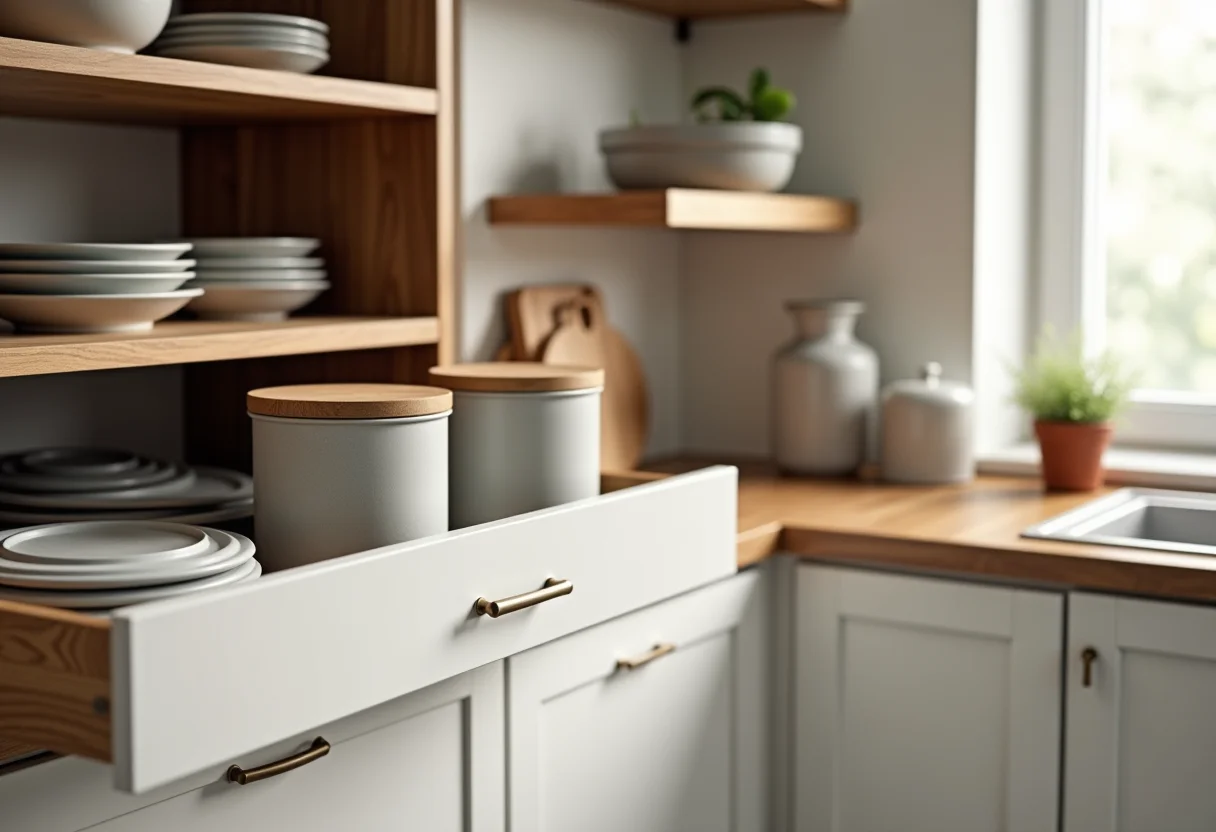 Gaveta e prateleiras de cozinha organizadas com potes e tampas