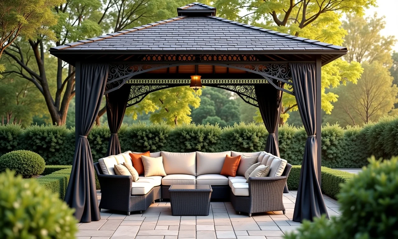 Gazebo de ferro criando um espaço de convivência no jardim.