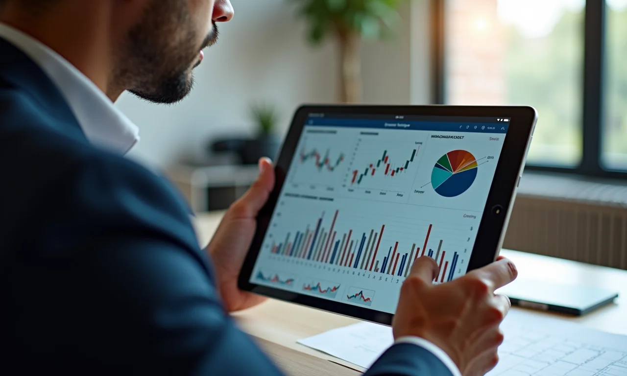 Gerente analisando relatórios de estoque em um tablet.