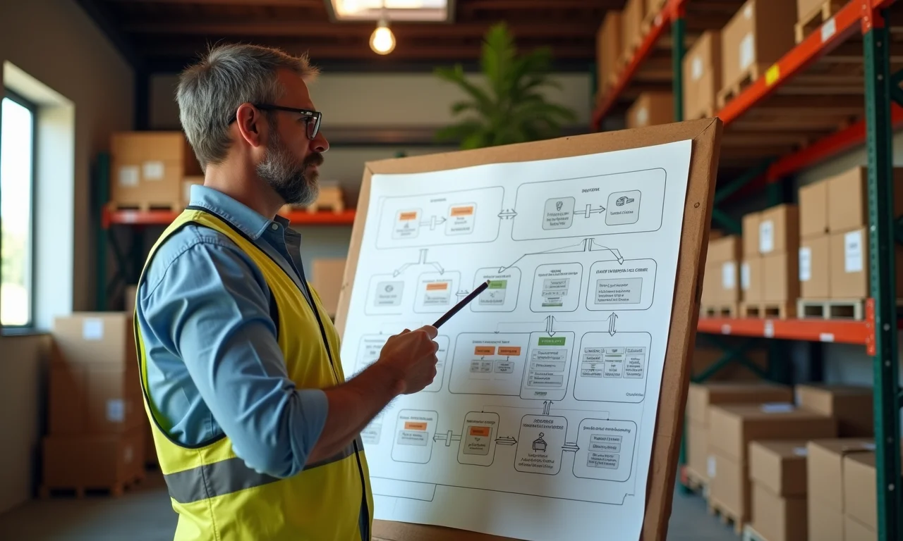 Gerente de armazém revisando um fluxograma de métodos de inventário.