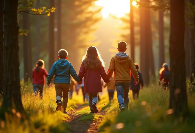 Grupo de crianças e adultos participando de uma caça ao tesouro em floresta exuberante.