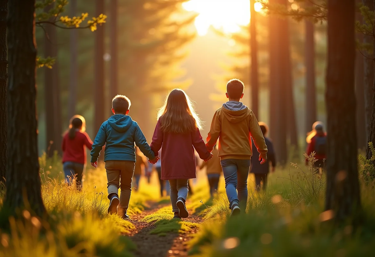 Grupo de crianças e adultos participando de uma caça ao tesouro em floresta exuberante.