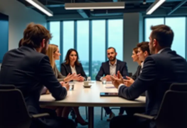 Grupo diverso de profissionais participando de um debate construtivo em sala de conferência moderna.