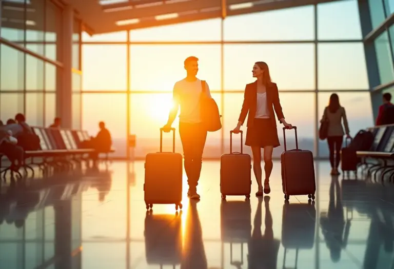 Grupo diverso de viajantes em terminal de aeroporto, prontos para aventura.