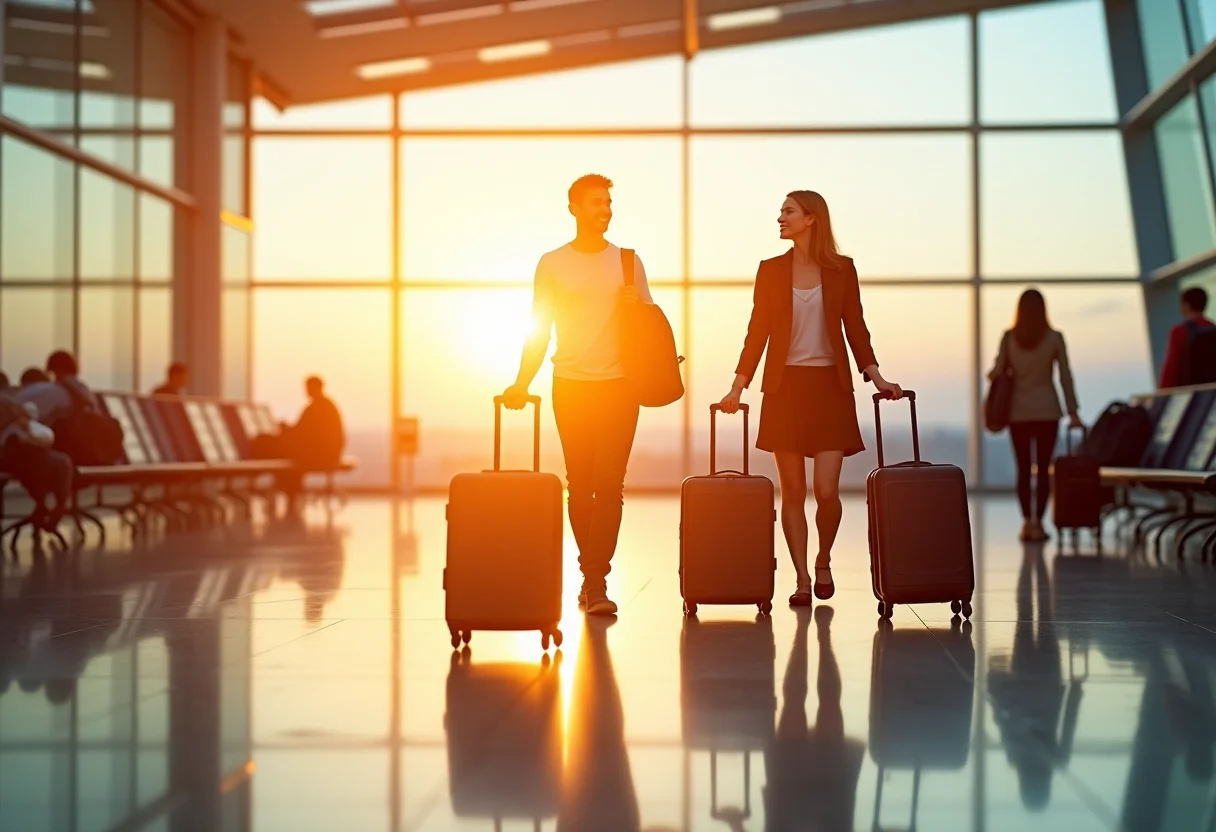 Grupo diverso de viajantes em terminal de aeroporto, prontos para aventura.