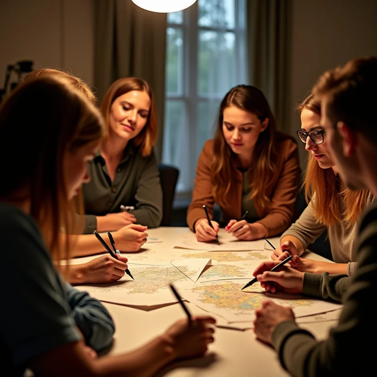Grupo diverso planejando uma caça ao tesouro, com anotações e mapas.