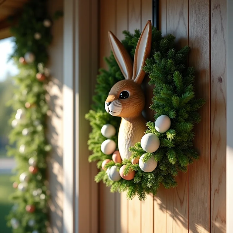 Guirlanda de coelhinho pendurada em uma porta de madeira rústica.