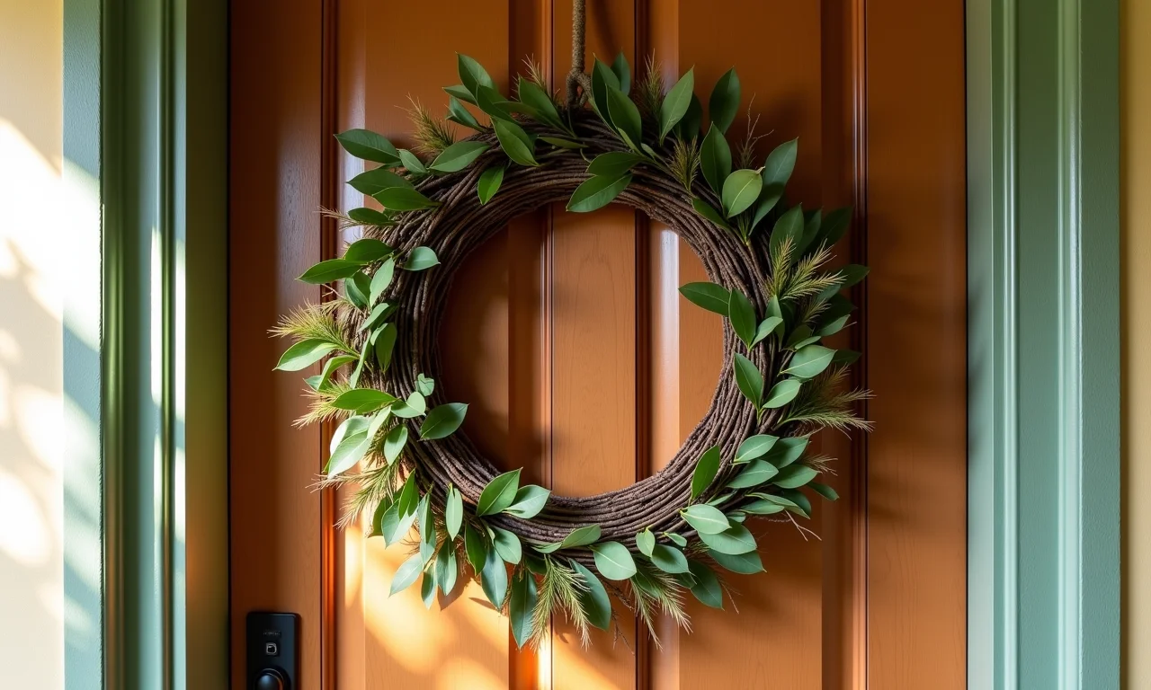 Guirlanda de galhos secos e folhas naturais pendurada em uma porta de madeira.