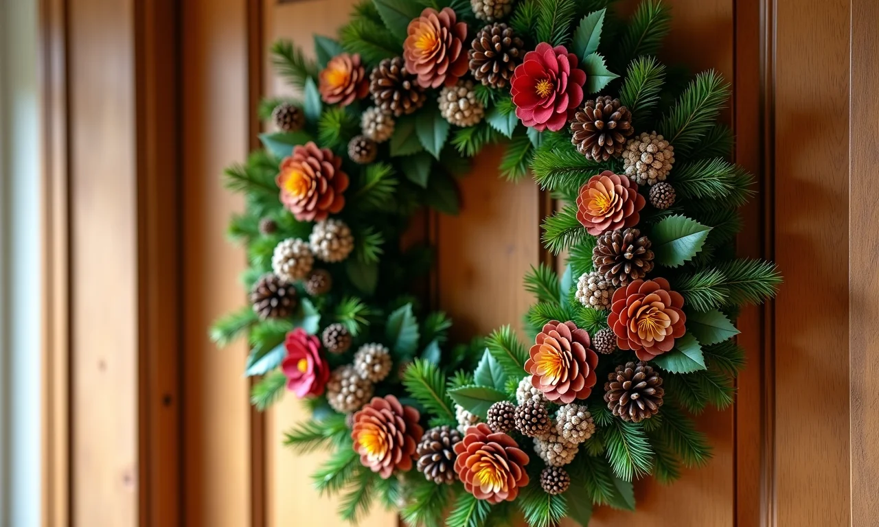 Guirlanda de Natal feita com pinhas, folhas e flores secas pendurada na porta.