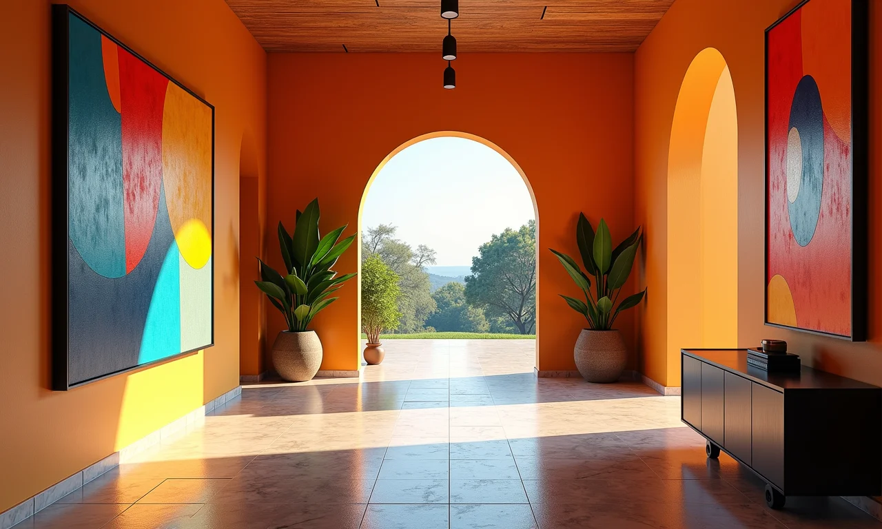 Hall de entrada com arte abstrata impactante, primeira impressão.