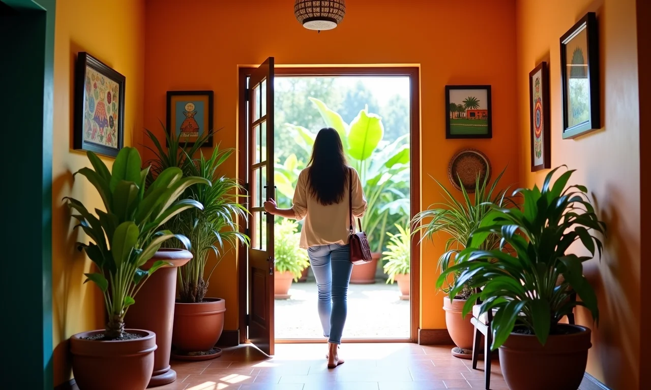 Hall de entrada vibrante com decoração brasileira, plantas e iluminação natural.