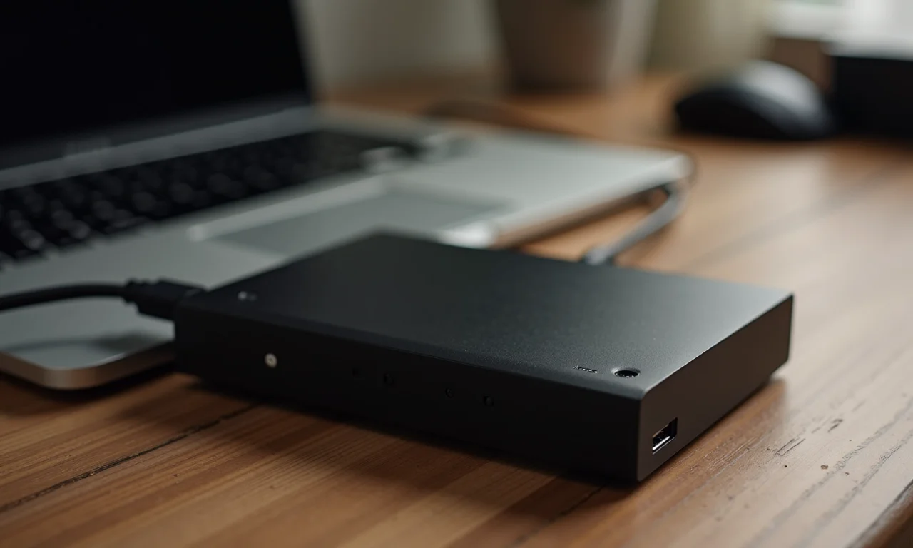 HD externo conectado a um computador, simbolizando backup de fotos.