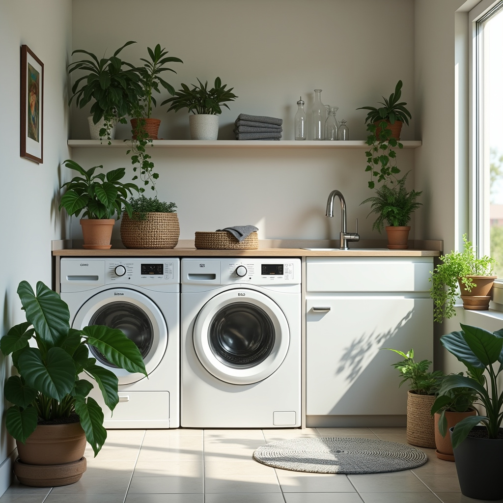 Ideal plants for laundry rooms, natural light, professional photography, 8K quality, sharp focus, Plantas ideais para lavanderias.