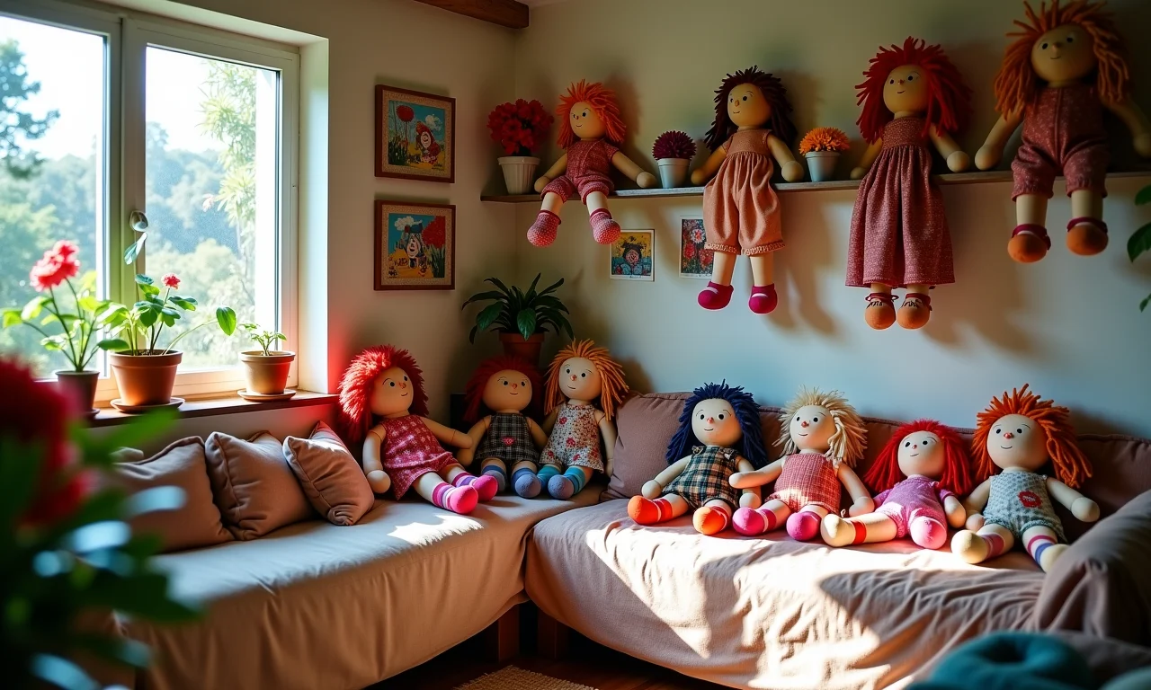 Ideias criativas com bonecas de pano na decoração de um apartamento vibrante.