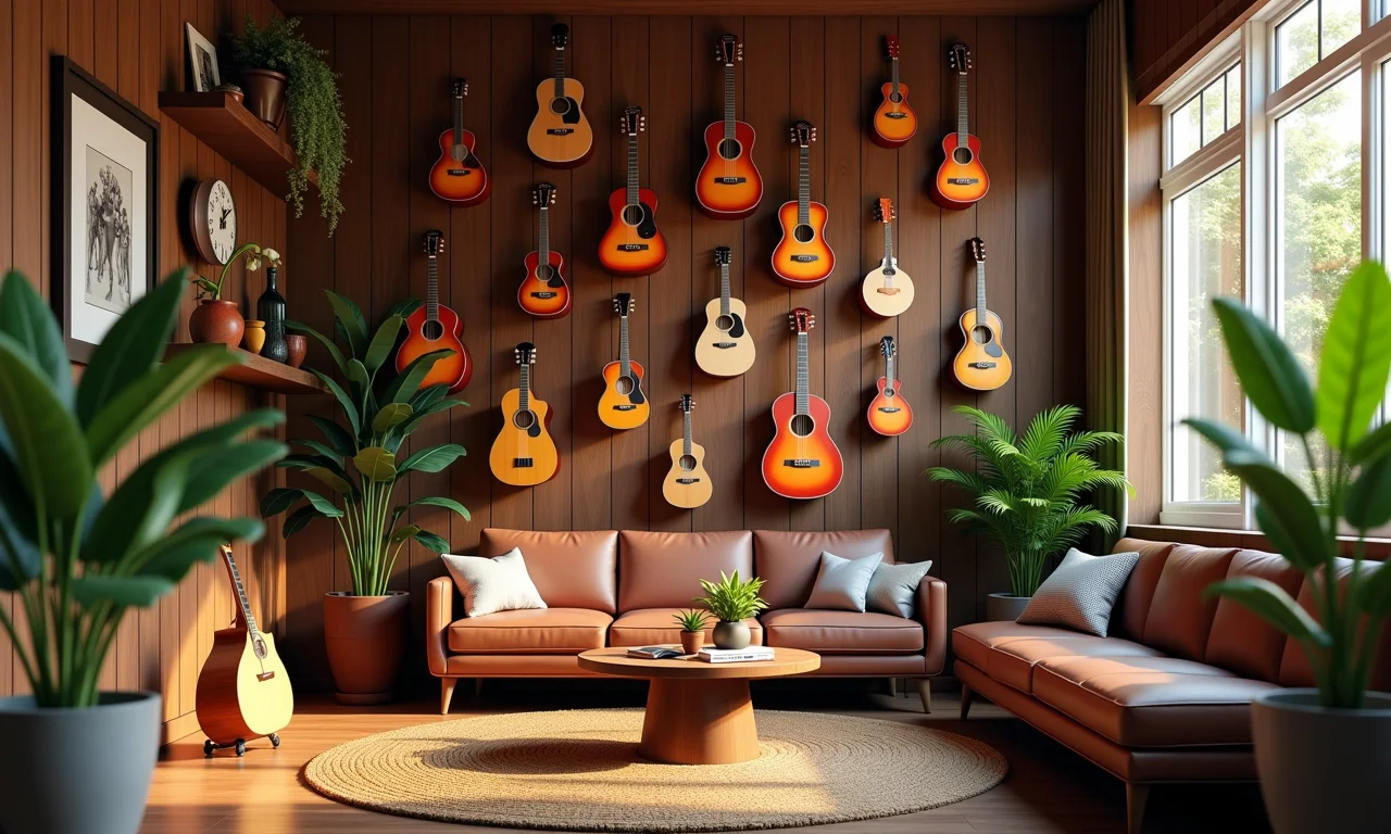 Ideias criativas para decorar com instrumentos musicais em diversos ambientes.