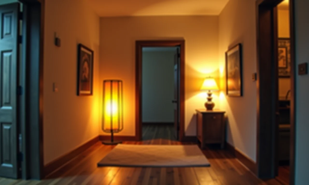 Iluminação aconchegante com abajures e luminárias no hall de entrada.