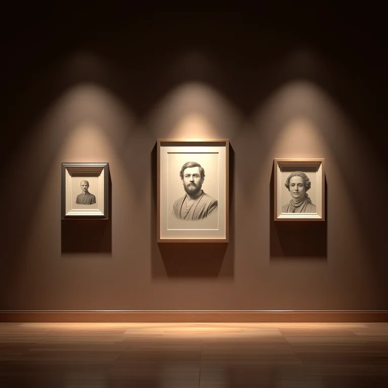 Iluminação estratégica destacando obras de arte em uma gallery wall.