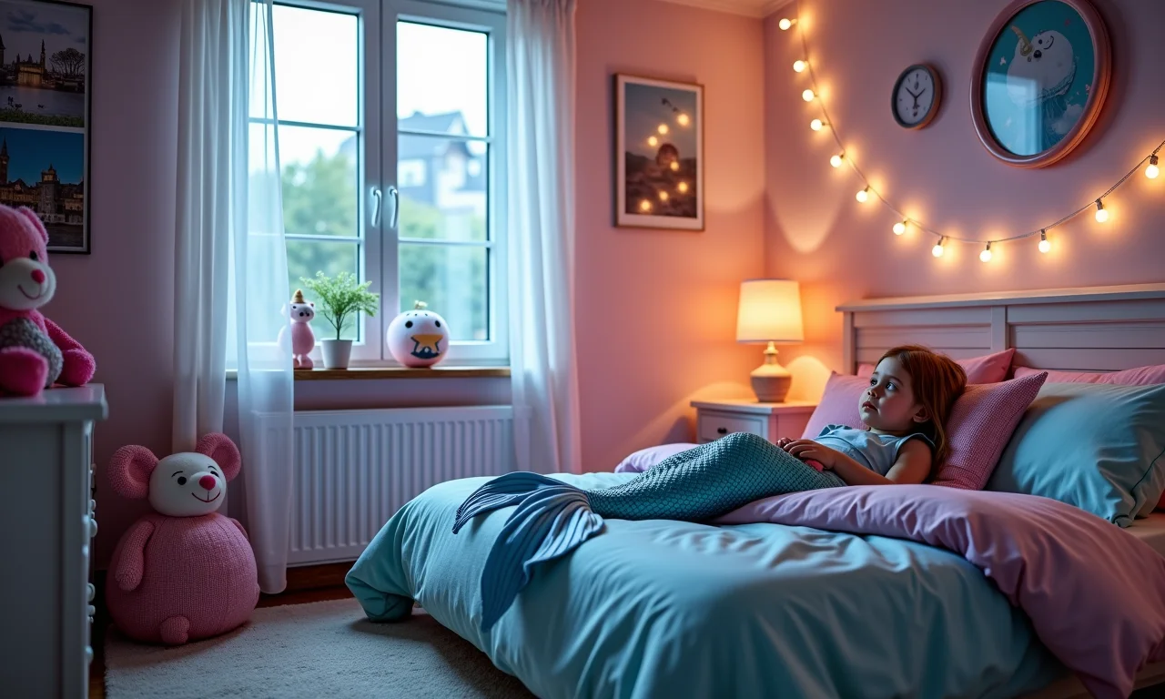 Iluminação mágica em quarto de menina com tema de sereia.