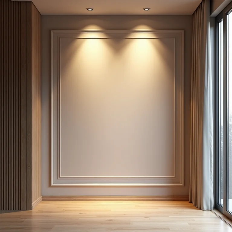 Iluminação realçando profundidade em um painel de parede 3D.