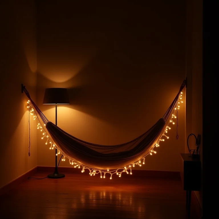 Iluminação suave criando um clima relaxante ao redor da rede.