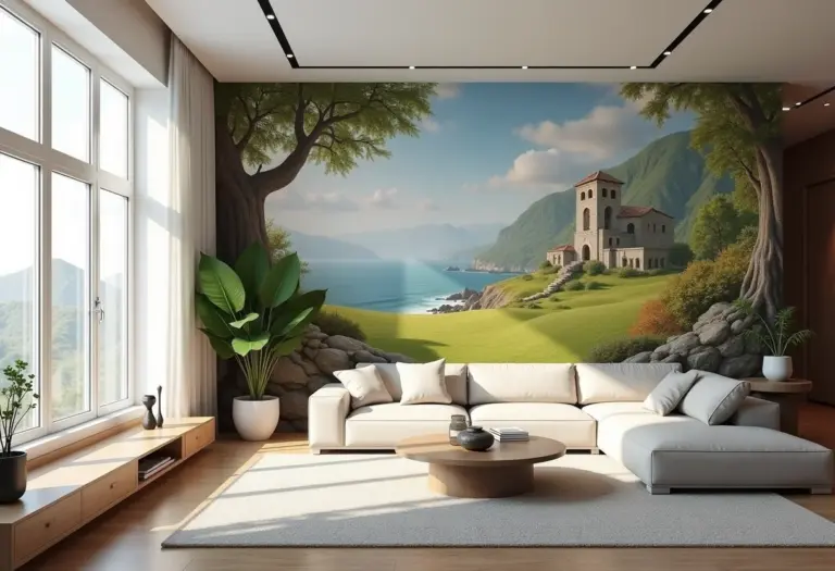 Ilusão de ótica transformando uma sala de estar com um mural impressionante.