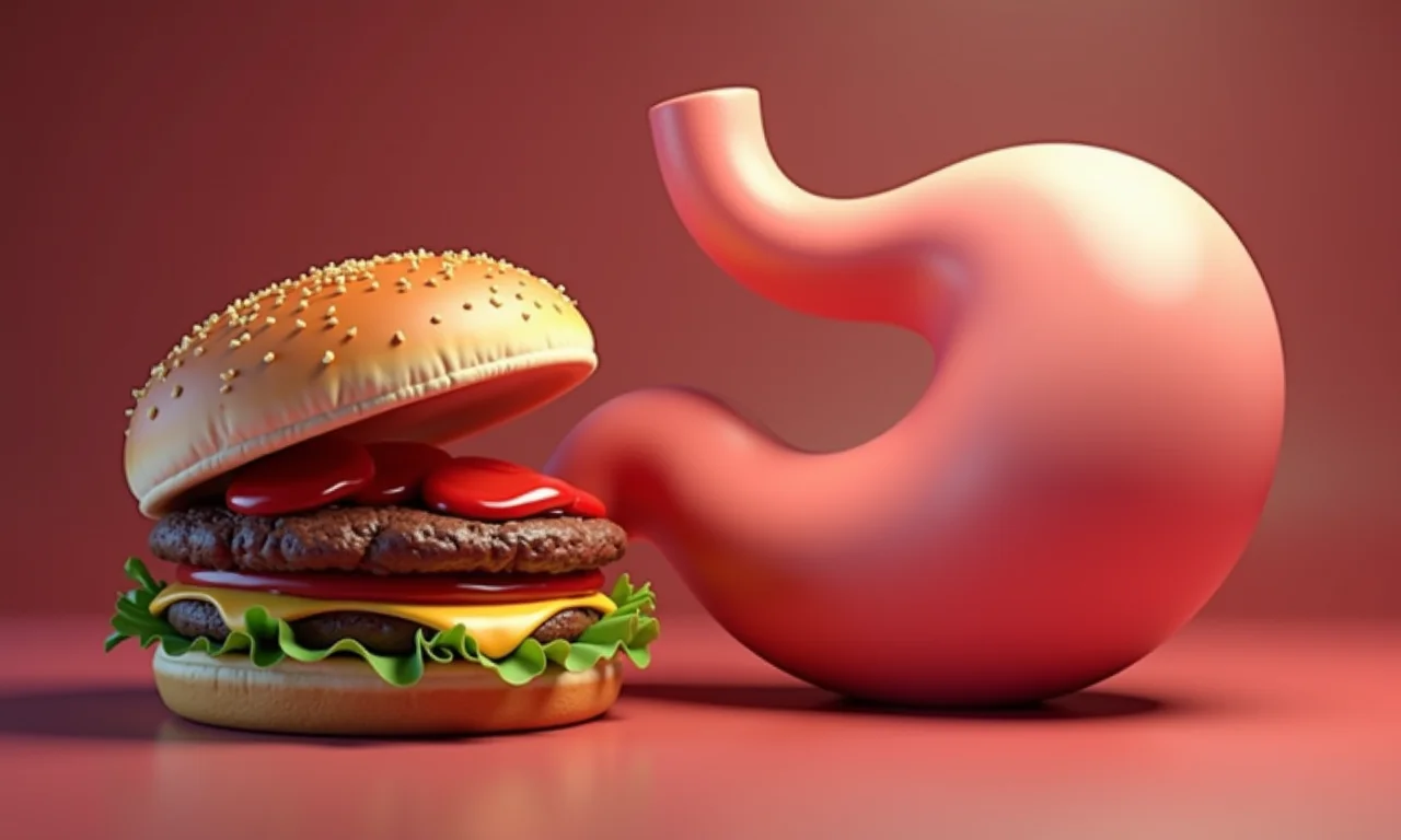 Ilustração de estômago vazio com um hambúrguer gigante e sinais de alerta.