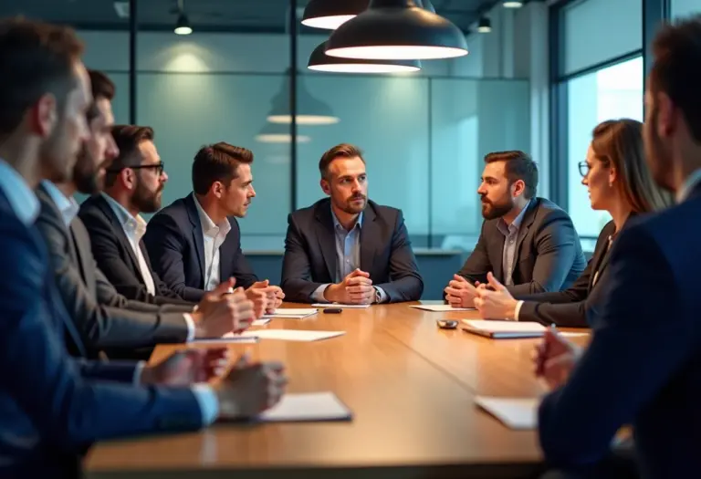 Imagem de um debate construtivo com participantes diversos em um ambiente corporativo.