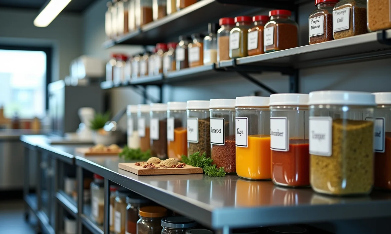 Ingredientes organizados em cozinha industrial