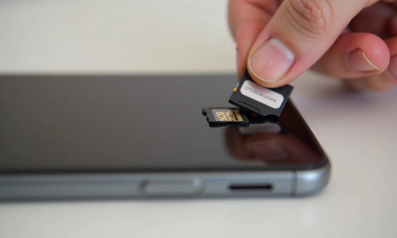 Inserindo um cartão de memória no celular para expandir o armazenamento.