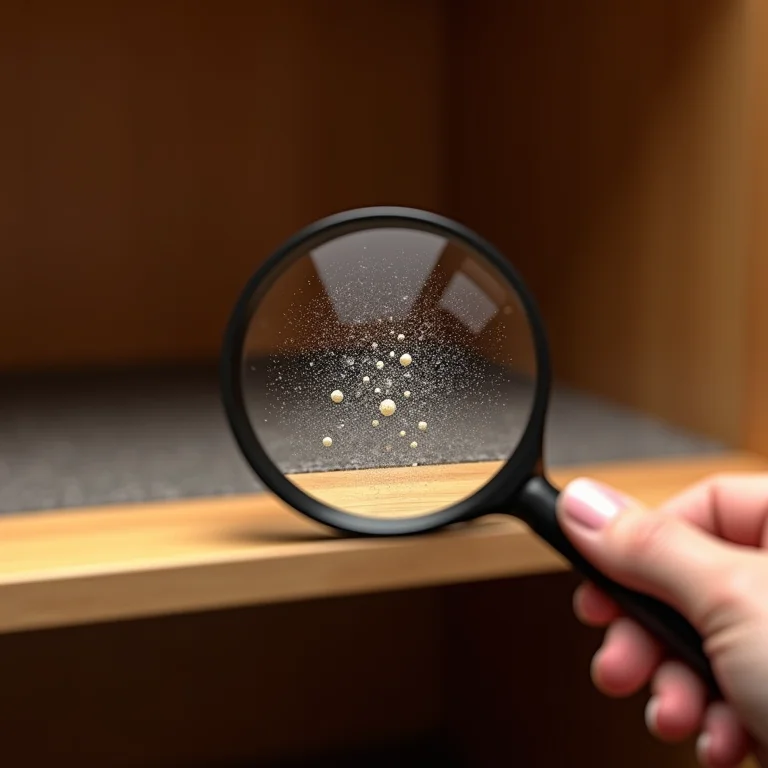 Inspeção de mofo em prateleira de guarda-roupa.