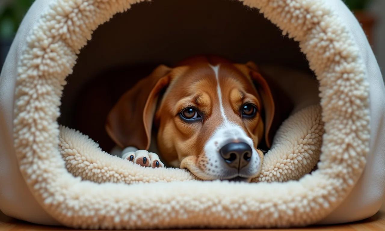Interior aconchegante de uma casinha de cachorro com manta macia e almofadas confortáveis.