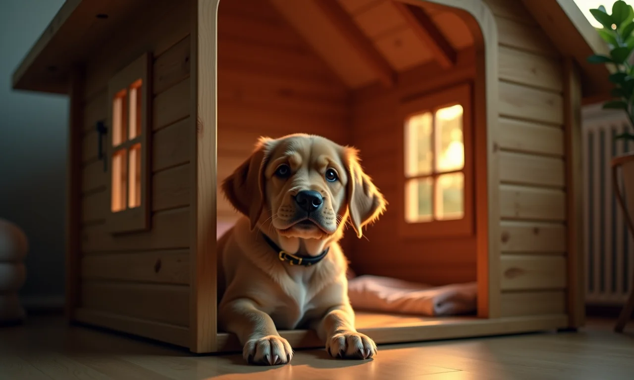 Interior de casinha de cachorro com iluminação suave e confortável.