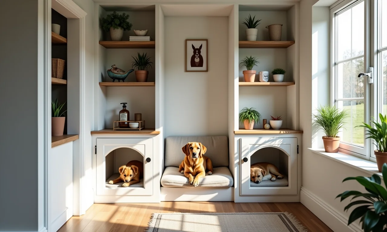 Interior de casinha de cachorro com nichos e prateleiras funcionais.