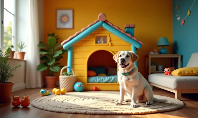 Interior de uma casinha de cachorro com decoração alegre e aconchegante em estilo brasileiro.