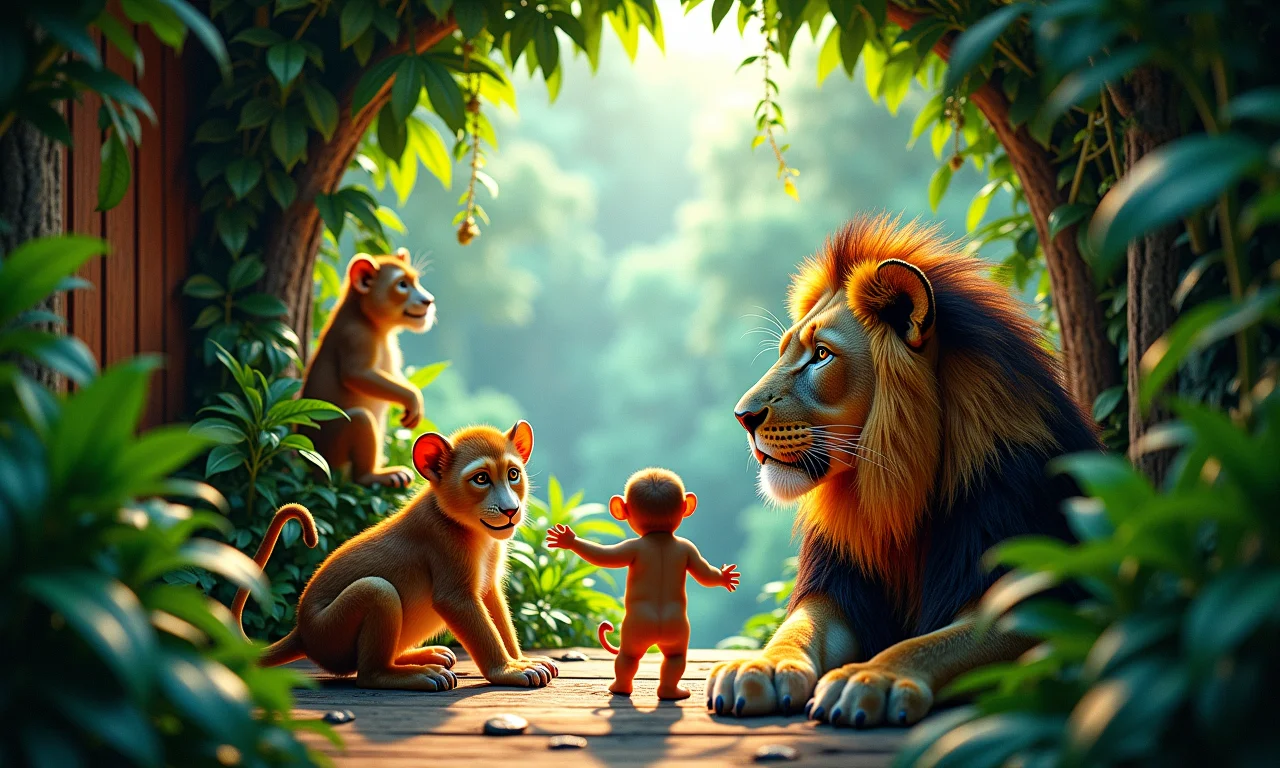 Interior vibrante com tema de selva, leões, macacos e folhagens exuberantes.