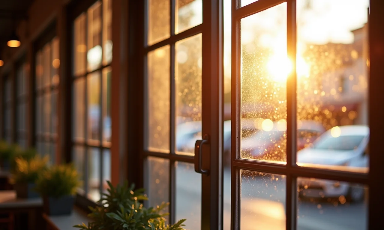 Janelas de restaurante limpas com vista para a rua.
