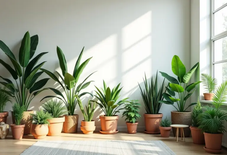 Jardim de inverno em casa com diversas plantas.