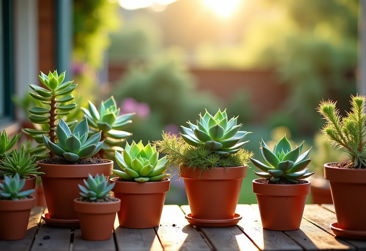 Jardim de suculentas DIY em um pátio ensolarado