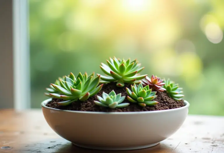 Jardim de suculentas em miniatura em um recipiente de cerâmica branca.