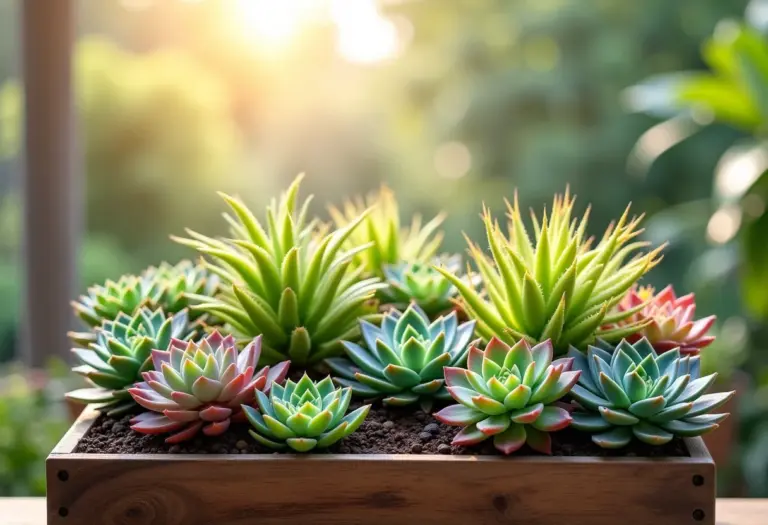 Jardim de suculentas em um recipiente de madeira rústico