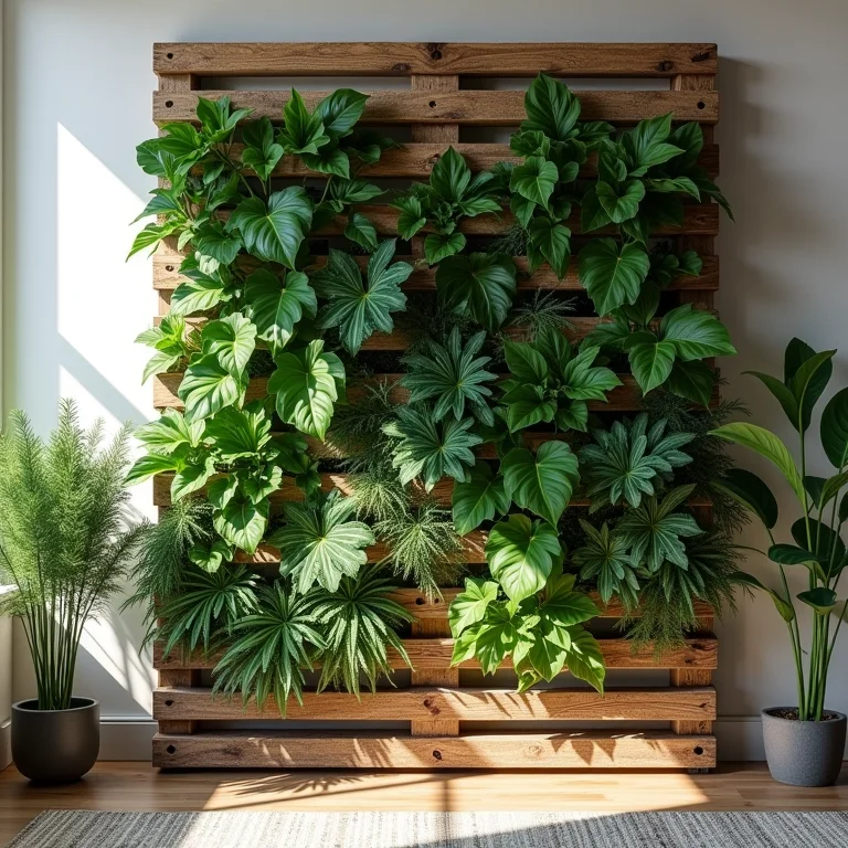 Jardim vertical com pallets e treliças.