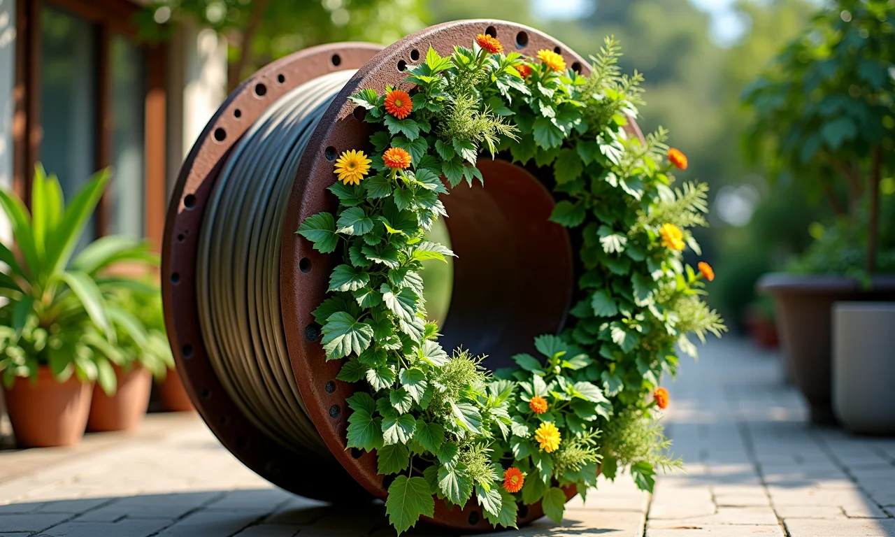 Jardim vertical feito de carretel de fio com plantas verdes vibrantes e flores brasileiras.