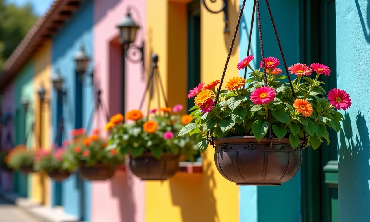 Jardineiras de ferro suspensas com flores coloridas.